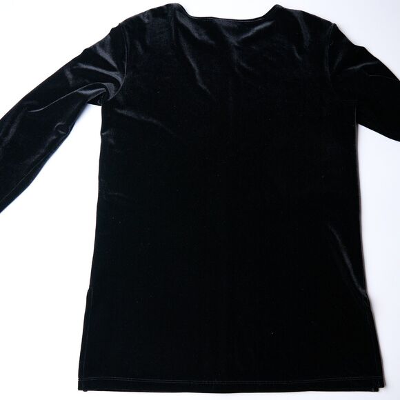 Chico’s Women’s Size 0 XS Black Velvet Stretch Top Round Neck Long Sleeve Slit - Picture 2 of 6
